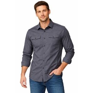 Rock & Republic Men's Button-Down Shirt Cotton Gray Black Print Piping Sz L